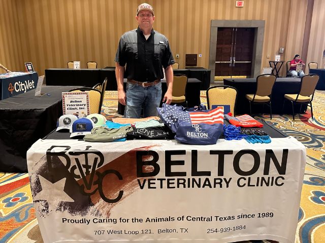 Dr. Fish at a career fair speaking about Belton Veterinary Clinic